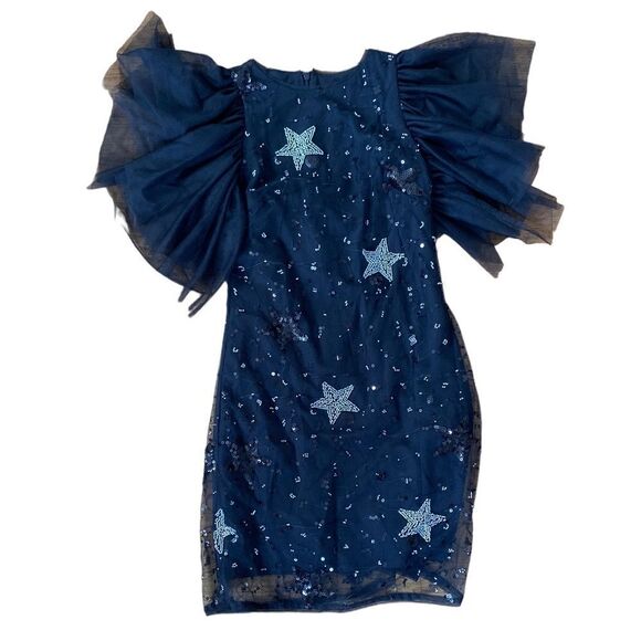 Holiday Black tule dress with sequin stars, back zipper, - Picture 4 of 15